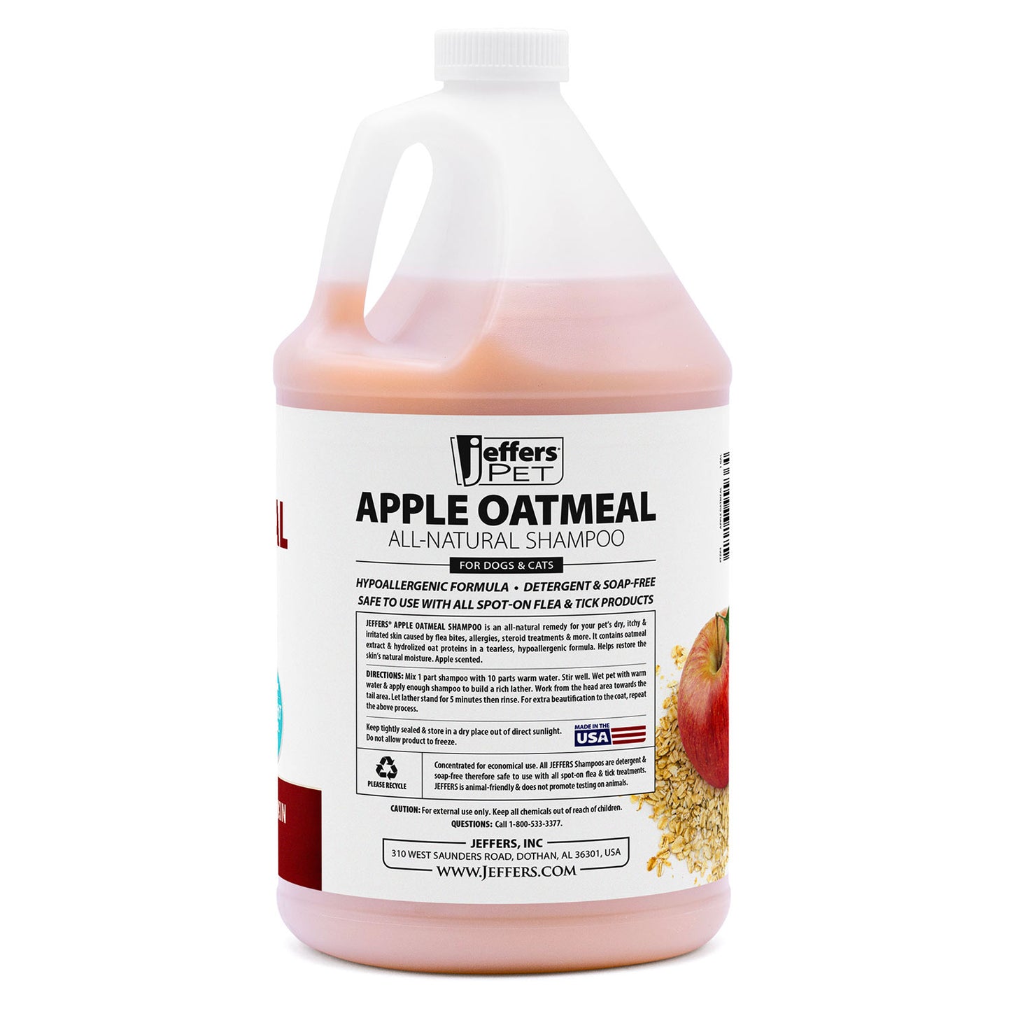 jeffers pet apple oatmeal shampoo for dogs & cats, 128 oz - gentle coconut based formula w/ colloidal oat protein, soap free, deodorizing apple scent, sensitive skin, puppies kittens grooming care