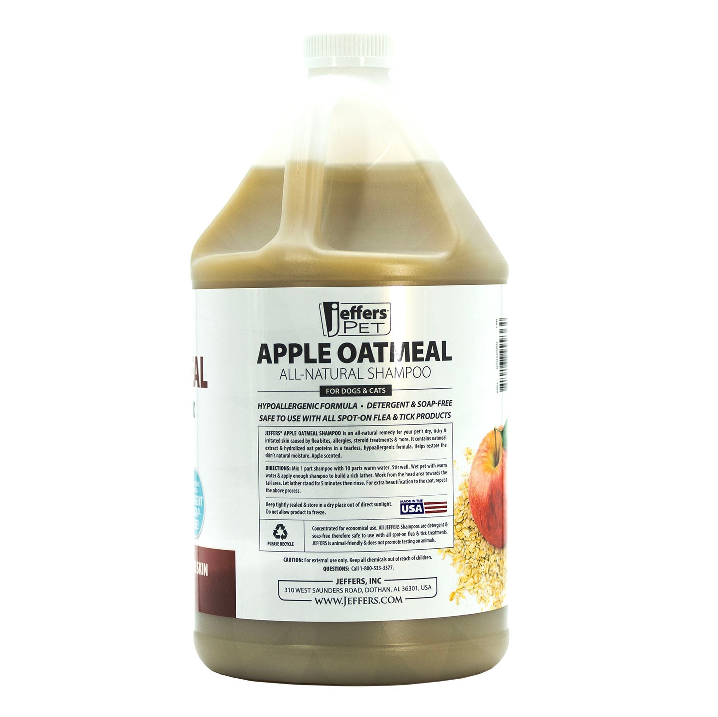 jeffers pet apple oatmeal shampoo for dogs & cats, 128 oz - gentle coconut based formula w/ colloidal oat protein, soap free, deodorizing apple scent, sensitive skin, puppies kittens grooming care