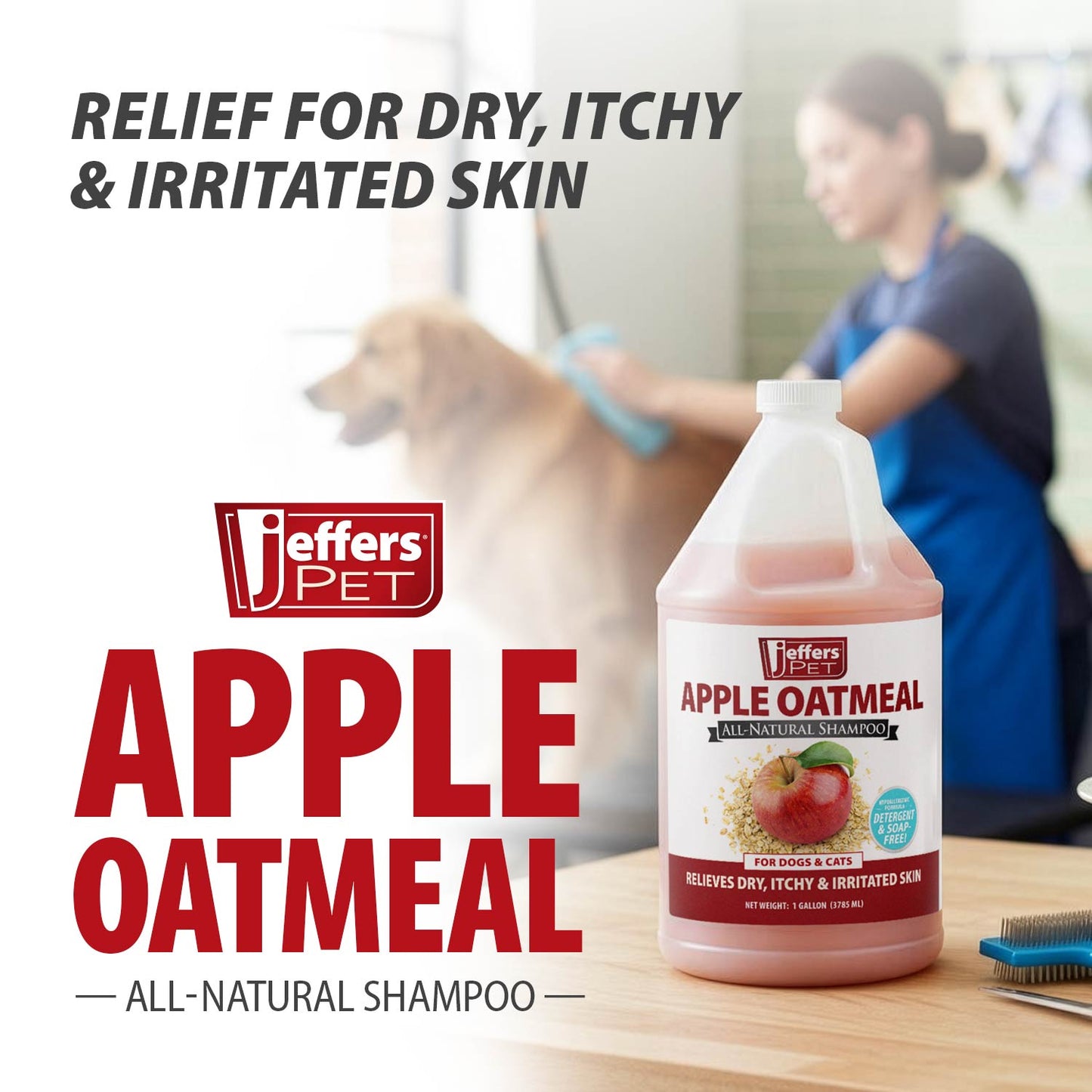 jeffers pet apple oatmeal shampoo for dogs & cats, 128 oz - gentle coconut based formula w/ colloidal oat protein, soap free, deodorizing apple scent, sensitive skin, puppies kittens grooming care