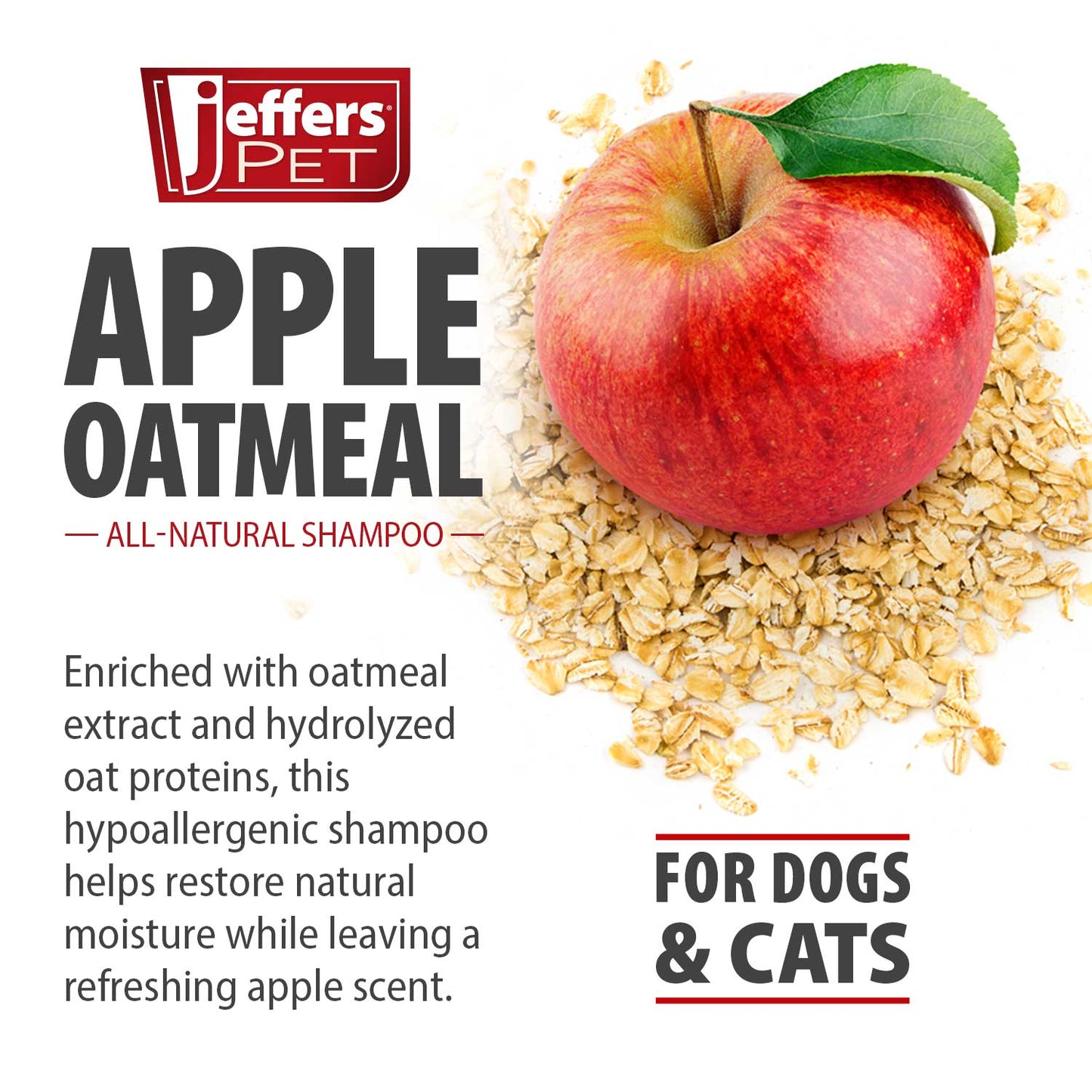 jeffers pet apple oatmeal shampoo for dogs & cats, 128 oz - gentle coconut based formula w/ colloidal oat protein, soap free, deodorizing apple scent, sensitive skin, puppies kittens grooming care