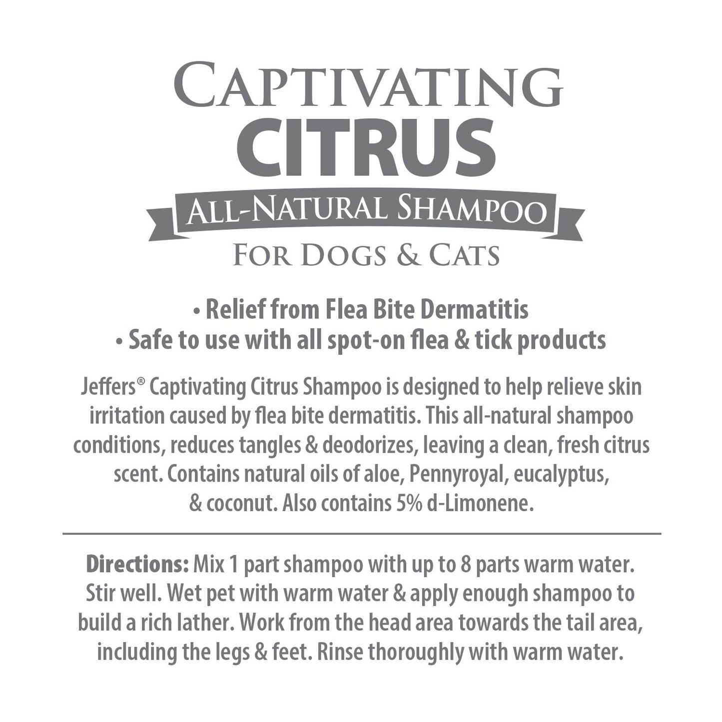 jeffers pet captivating citrus dog & cat shampoo, 128 oz – deodorizing grooming wash, citrus based soap free formula w/ d-limonene, aloe vera, eucalyptus & coconut oil, concentrated pet coat cleanser