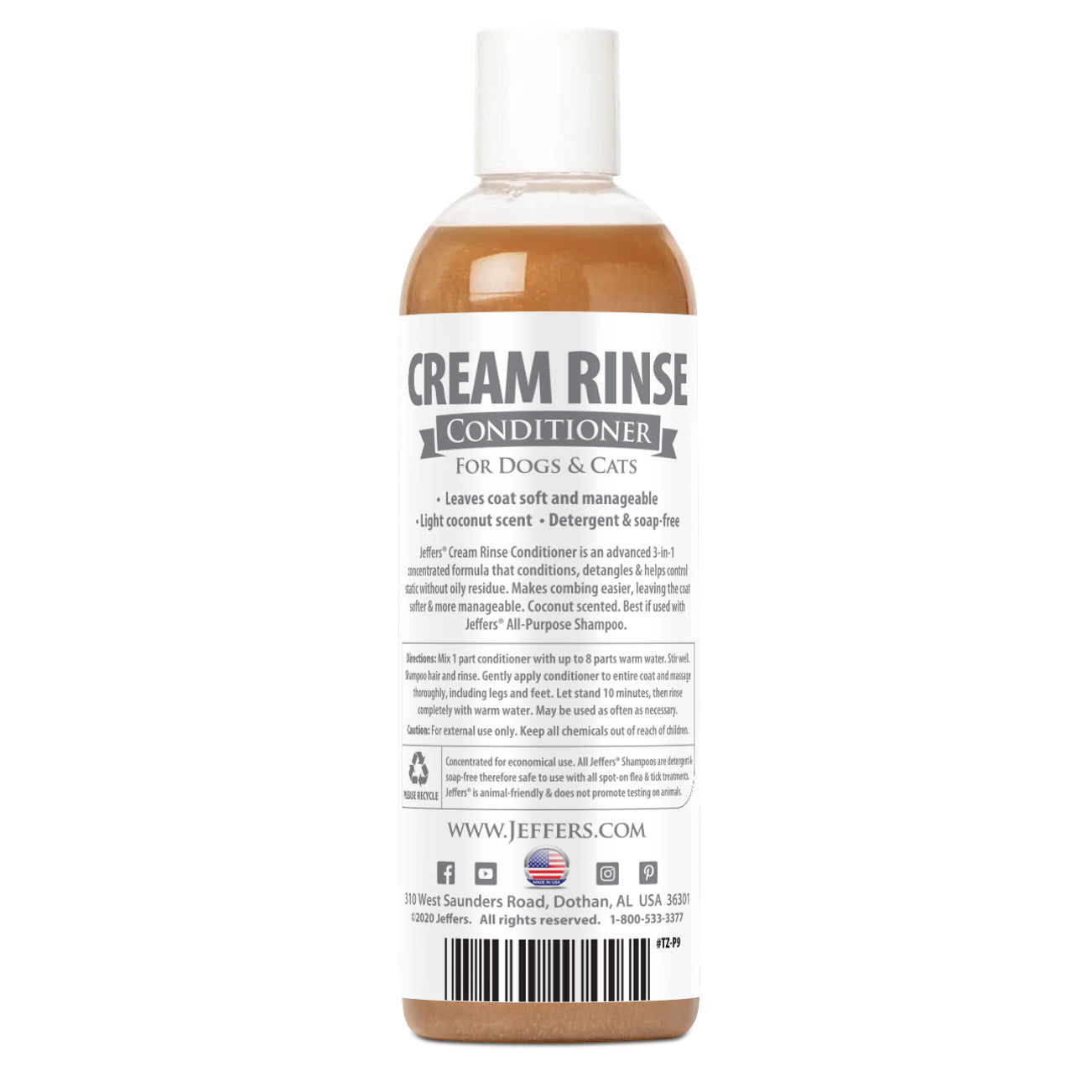 jeffers pet cream rinse conditioner for dogs & cats, 17 oz - coconut oil based pet conditioner for detangling, soft coat & static control, concentrated soap free formula for sensitive skin, usa made
