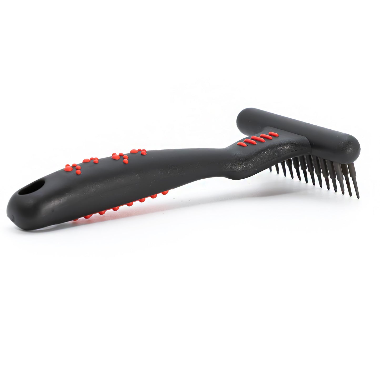 jeffers pet non-slip undercoat rake, 13 short pins – double row stainless steel pins, safe grooming tool for dogs & cats, removes loose hair & tangles, shedding brush, home use, red & black