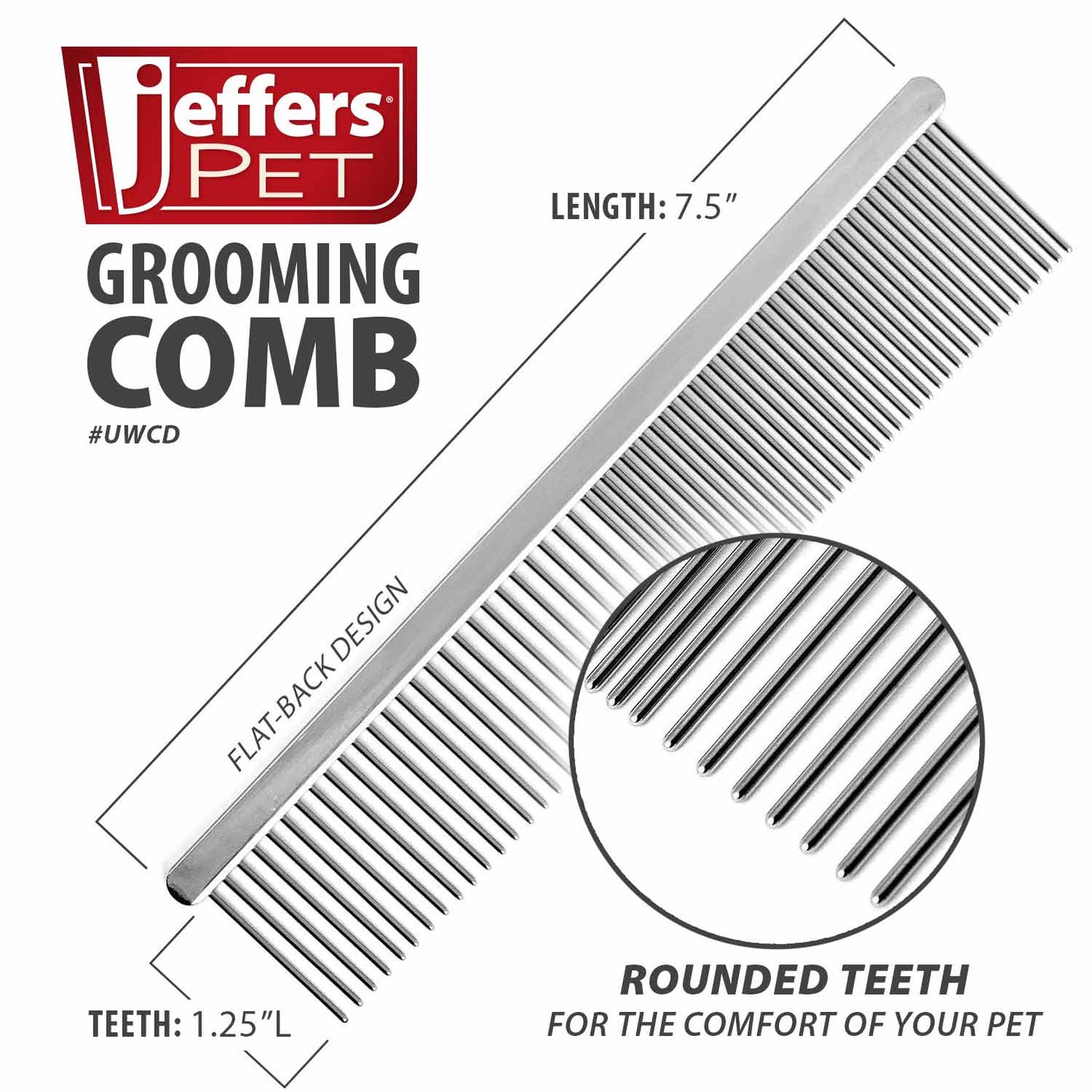 jeffers flat back pet grooming comb – chrome plated steel comb with fine & coarse teeth for dogs, cats, puppies – detangling, deshedding, dematting tool for long or short hair - 7.5" l, 1-1/4" teeth