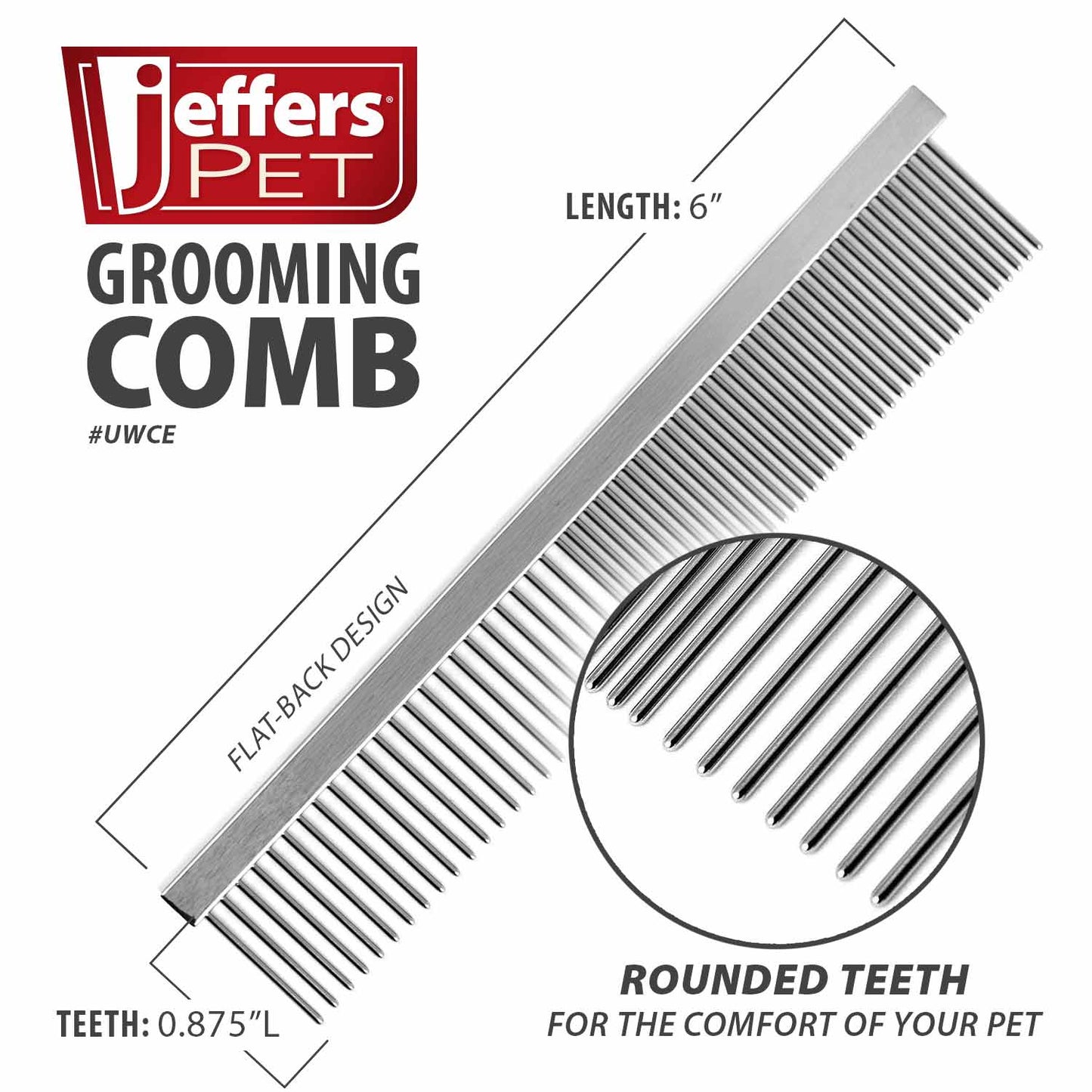 jeffers flat back pet grooming comb – chrome plated steel comb with fine & coarse teeth for dogs, cats, puppies – detangling, deshedding, dematting tool for long or short hair - 6" l, 7/8" teeth