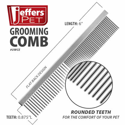 Jeffers Flat Back Pet Grooming Comb – Chrome Plated Steel Comb with Fine & Coarse Teeth for Dogs, Cats, Puppies – Detangling, Deshedding, Dematting Tool for Long or Short Hair - 6" L, 7/8" Teeth