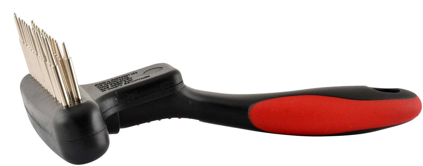 jeffers pet magic spring undercoat rake for dogs & cats - undercoat hair removal rake, grooming tool for detangling, removing fur & mats, red black handle - double row 13 long pins & 12 short pins