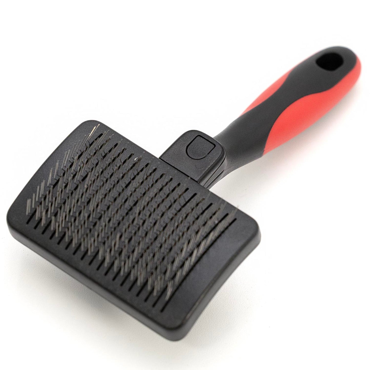 jeffers pet self-cleaning slicker brush for dogs & cats – self cleaning button, removes tangles & loose hair, non slip handle for easy grooming, go to gift for pet owners – black, red - small