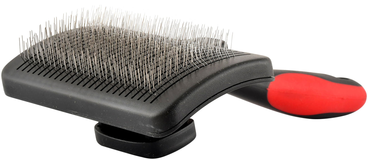 jeffers pet self-cleaning slicker brush for dogs & cats – self cleaning button, removes tangles & loose hair, non slip handle for easy grooming, go to gift for pet owners – black, red - medium
