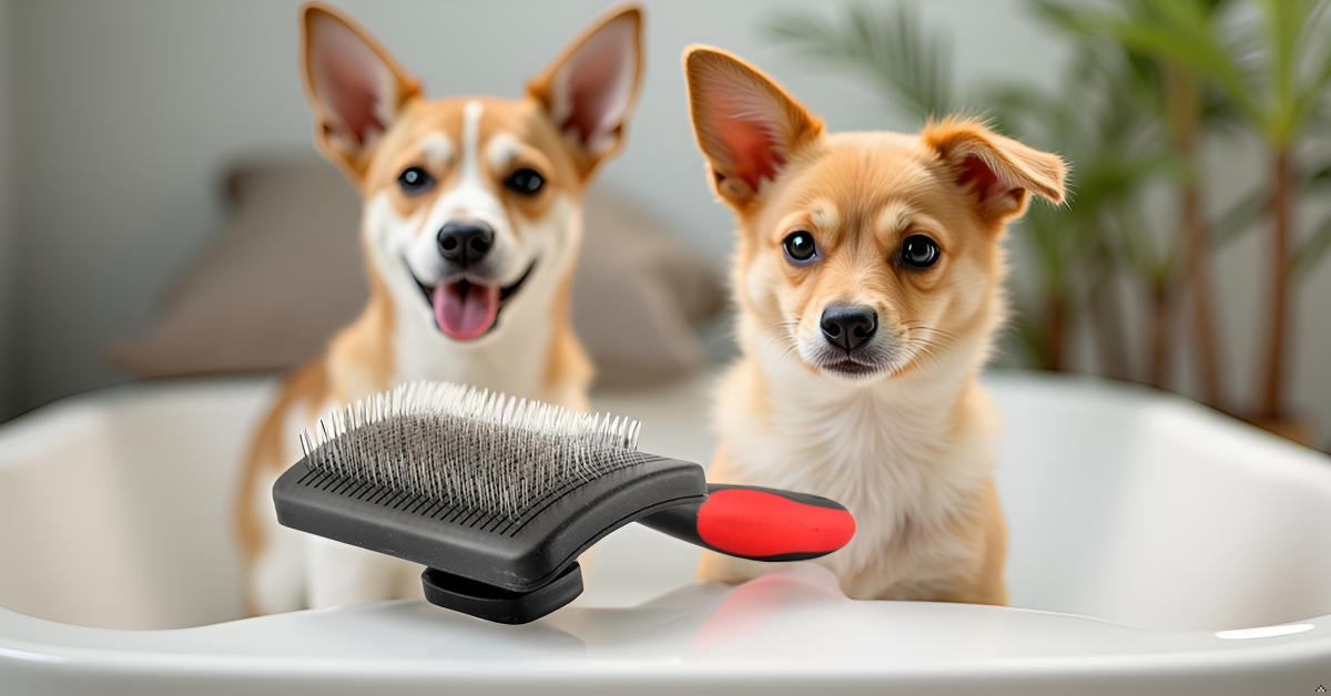 jeffers pet self-cleaning slicker brush for dogs & cats – self cleaning button, removes tangles & loose hair, non slip handle for easy grooming, go to gift for pet owners – black, red - medium