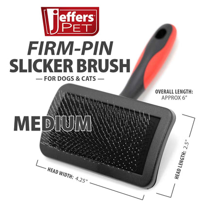 Jeffers Pet Hard Pin Universal Slicker Brush for Dogs, Cats, Horses – Firm Bristles Grooming Tool, Detangling, Tangle Free Coat, Mats, Shedding, Curved Head, Travel Friendly, Easy Storage - Medium