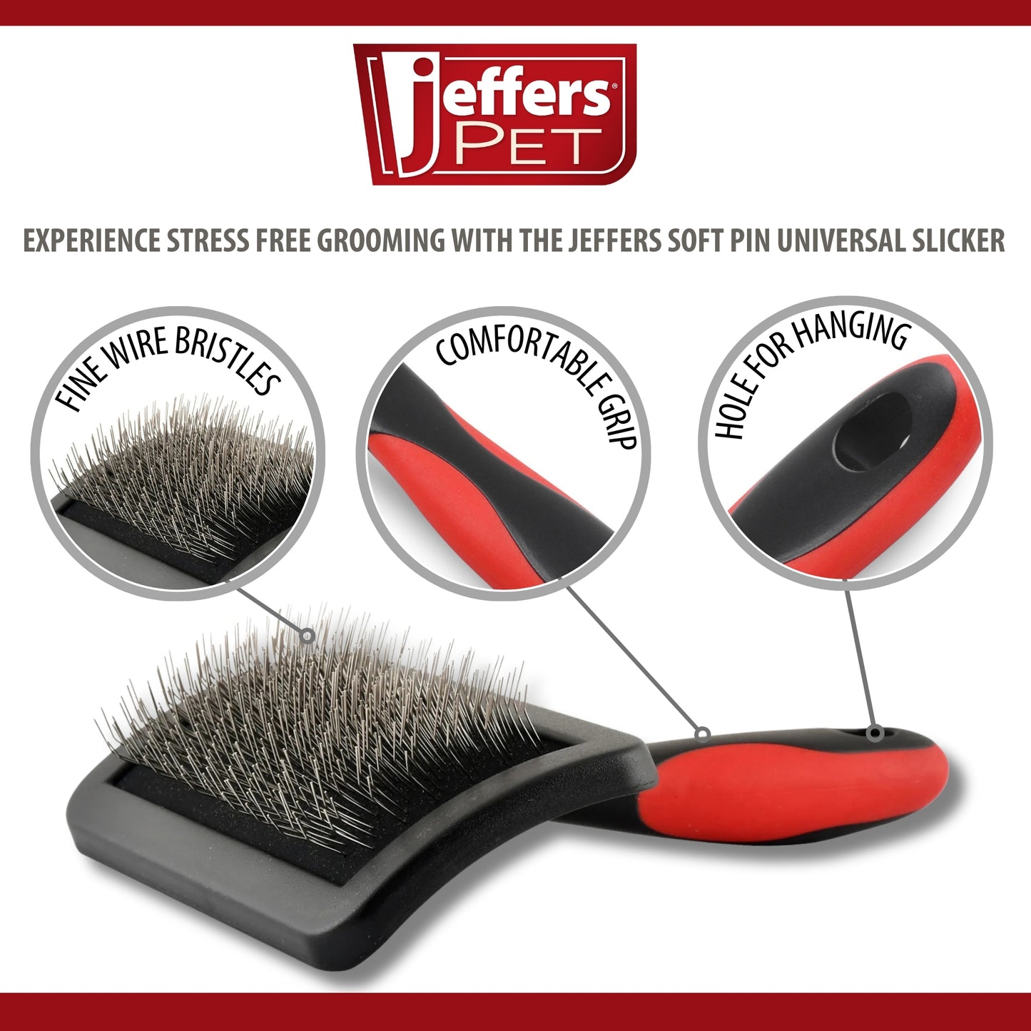 jeffers soft pin universal slicker brush for dogs & cats, grooming brush for sensitive skin, remove mats, loose fur, & dead hair, tangle detangler, safe grooming tool - small 3" x 2"m