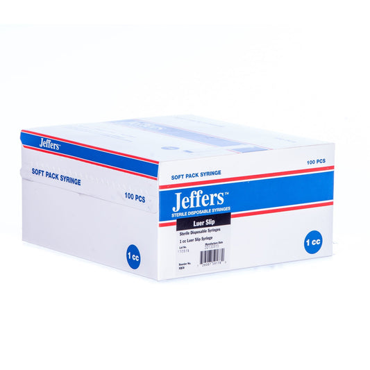 Jeffers Luer Slip Syringes, Box of 100, Plastic Veterinary Syringes w/ Reinforced Tip for Dogs, Cats, Horses, Livestock, & Poultry, Large Finger Grips, Rubber Plunger, Autoclavable, No Needles, 1mL