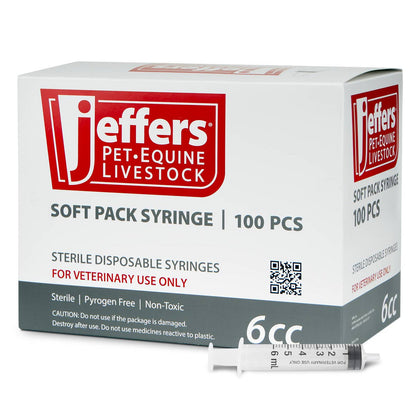 Jeffers Luer Slip Syringes, Box of 100, Plastic Veterinary Syringes w/ Reinforced Tip for Dogs, Cats, Horses, Livestock, & Poultry, Large Finger Grips, Rubber Plunger, Autoclavable, No Needles, 1mL