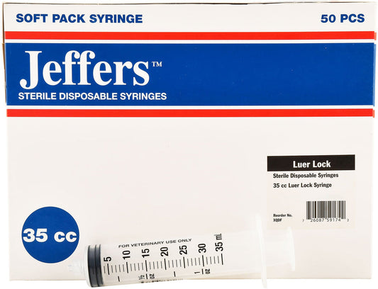 Jeffers Luer Lock Veterinary Syringes for Dog, Cat, Horse, Goat, 35 ml - Sterile Plastic Syringe for Animal Care, Liquid Measurement, Feeding, Irrigation, Autoclavable, No Needles - 50 count