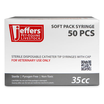 Jeffers 5 mL Catheter Tip Syringe Soft Pack – Veterinary Feeding & Medication Syringe for Pets, Livestock, Dogs, Cats, – Extended Tip, Easy Read mL/.cc & oz Markings, Safe Travel Use - Box of 50
