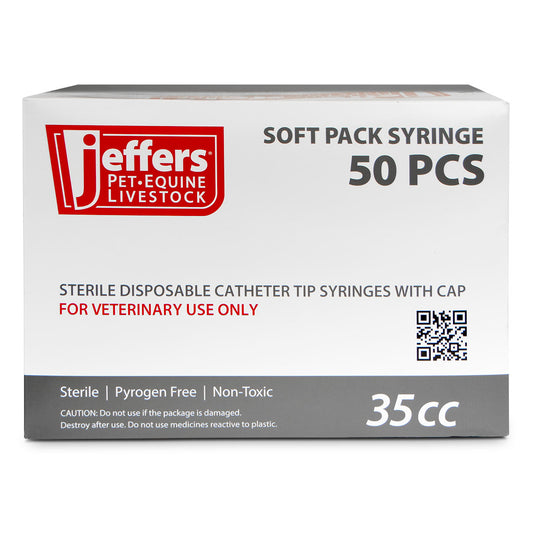 Jeffers 5 mL Catheter Tip Syringe Soft Pack – Veterinary Feeding & Medication Syringe for Pets, Livestock, Dogs, Cats, – Extended Tip, Easy Read mL/.cc & oz Markings, Safe Travel Use - Box of 50