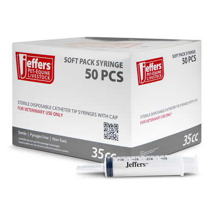 Jeffers 5 mL Catheter Tip Syringe Soft Pack – Veterinary Feeding & Medication Syringe for Pets, Livestock, Dogs, Cats, – Extended Tip, Easy Read mL/.cc & oz Markings, Safe Travel Use - Box of 50