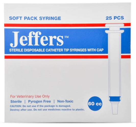 Jeffers Catheter Tip Syringe with Extended Catheter Tip, 60 cc – Veterinary Syringe for Pets, Cats, Dogs, Puppies, Kittens, Horses, Livestock, Cattle, Goats – Feeding, Measuring, Lab - Box of 25