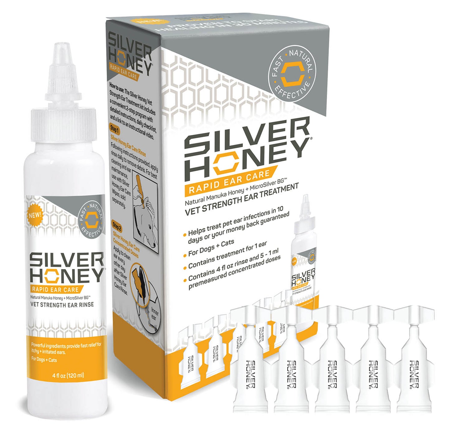 silver honey rapid ear care vet strength ear treatment rinse + concentrated doses